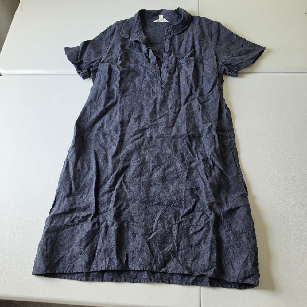 Garnet Hill Dress Womens L Blue Linen Collared Shirt Dress Short Sleeve Casual